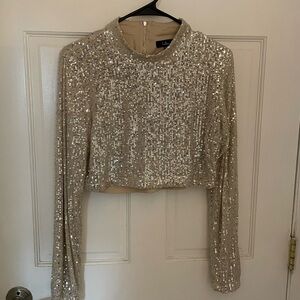 Lulu's Sequin Long Sleeve Crop Top - Silver